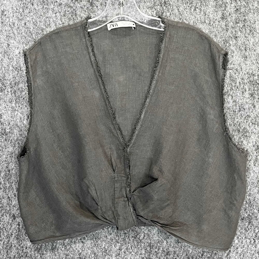 Zara Linen Crop Top Womens L‎ Grey Frayed V-Neck Twisted Knot Vest Boho Earthy